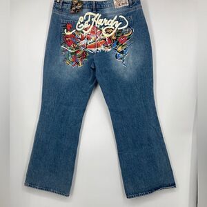 NWT Ed Hardy Women’s Multi Tattoo Baggy Jeans Size 34 Blue Color